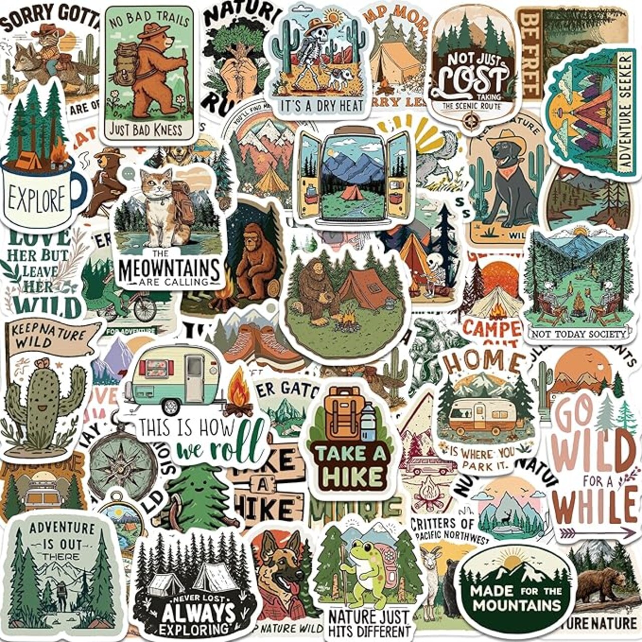 100 Pcs Funny Camping Stickers, Waterproof Vinyl Hiking Outdoor Adventure Sticker Pack for Laptop, Water Bottle, Car, Cooler & Travel Gear